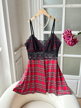 jkthpu-45 Women's Plus Size Red Plaid Camisole Dress