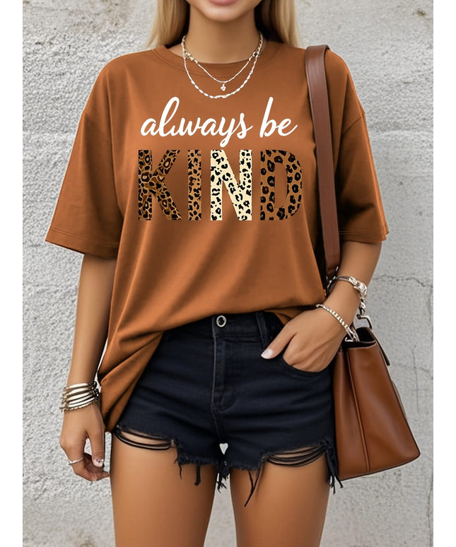 KissICON Women's Plus Size Retro Casual Short Sleeve T-Shirt - "Always Be KIND" Leopard Print Letter Graphic, Soft Stretchy Loose Fit, Round Neck Spring Summer Fall Top for Everyday Comfort, Casual Wear | Bohemian Tshirt | Stretchy Ma