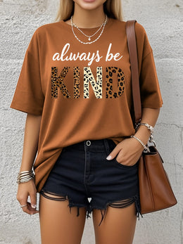 KissICON Women's Plus Size Retro Casual Short Sleeve T-Shirt - "Always Be KIND" Leopard Print Letter Graphic, Soft Stretchy Loose Fit, Round Neck Spring Summer Fall Top for Everyday Comfort, Casual Wear | Bohemian Tshirt | Stretchy Ma