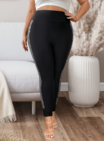 jkthpu-45 Women'S Plus Size Sequin Side Slit Hem Leggings