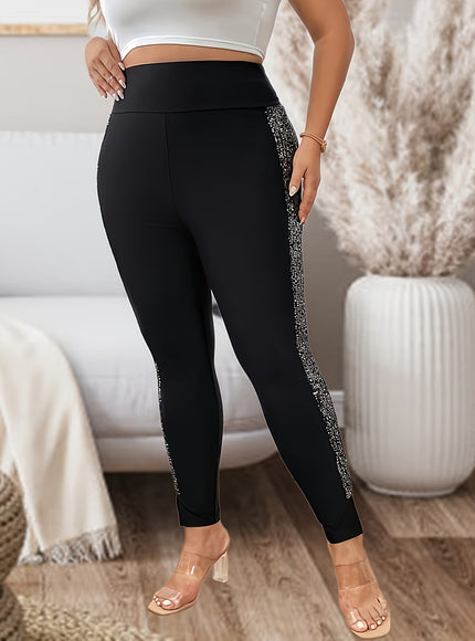 jkthpu-45 Women'S Plus Size Sequin Side Slit Hem Leggings