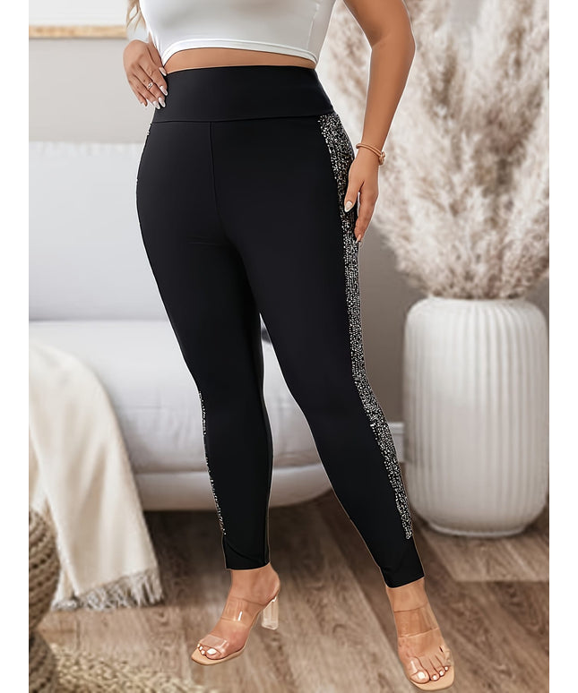 jkthpu-45 Women'S Plus Size Sequin Side Slit Hem Leggings