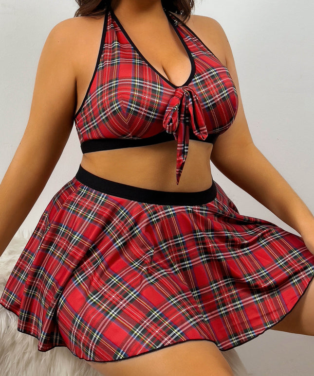 jkthpu-45 Women's Plus Size Sexy Plaid Print Suit Set