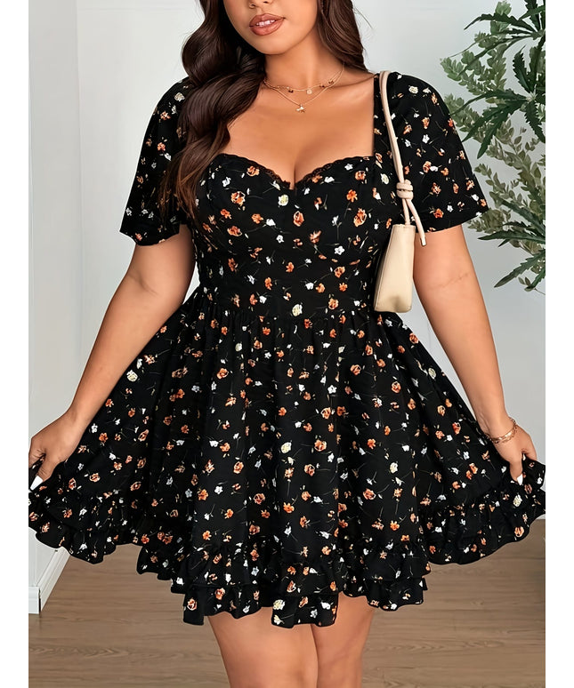 jkthpu-45 Women'S Plus Size Short Sleeve Floral Dress - Black with Orange & White Flowers, Square Neck, Ruffled Hem, Non-Stretch Fabric, Perfect for Summer Vacations, Casual Floral Dress | Elegant Floral Design | Ruffled Hem Dress