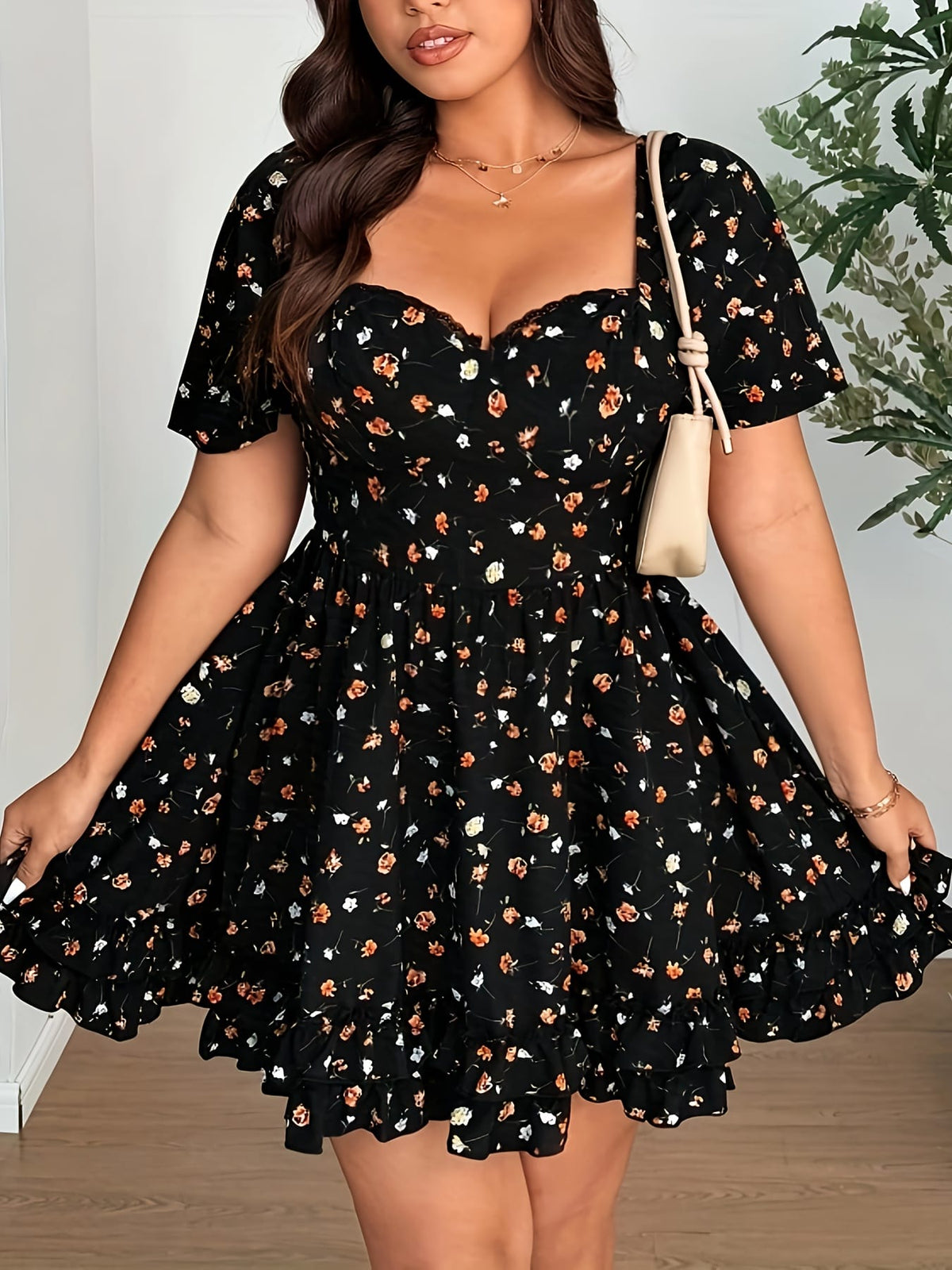 jkthpu-45 Women'S Plus Size Short Sleeve Floral Dress - Black with Orange & White Flowers, Square Neck, Ruffled Hem, Non-Stretch Fabric, Perfect for Summer Vacations, Casual Floral Dress | Elegant Floral Design | Ruffled Hem Dress