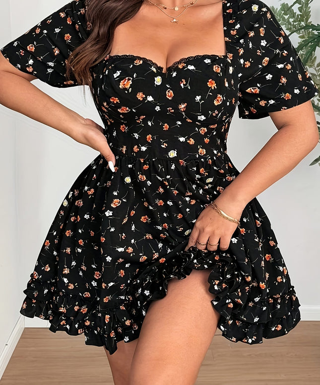 jkthpu-45 Women'S Plus Size Short Sleeve Floral Dress - Black with Orange & White Flowers, Square Neck, Ruffled Hem, Non-Stretch Fabric, Perfect for Summer Vacations, Casual Floral Dress | Elegant Floral Design | Ruffled Hem Dress