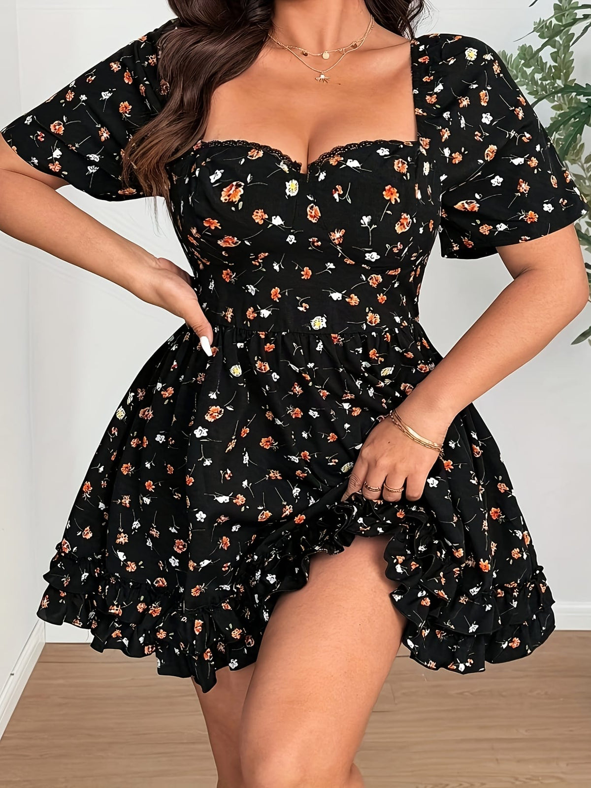jkthpu-45 Women'S Plus Size Short Sleeve Floral Dress - Black with Orange & White Flowers, Square Neck, Ruffled Hem, Non-Stretch Fabric, Perfect for Summer Vacations, Casual Floral Dress | Elegant Floral Design | Ruffled Hem Dress