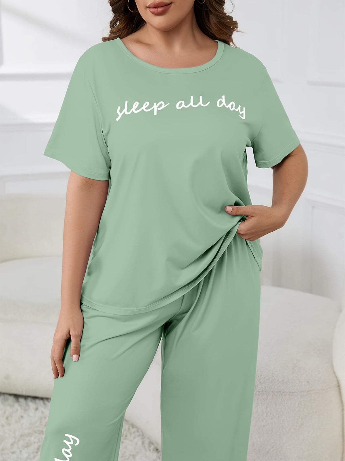 jkthpu-45 Women'S Plus Size "Sleep All Day" Print Pajama