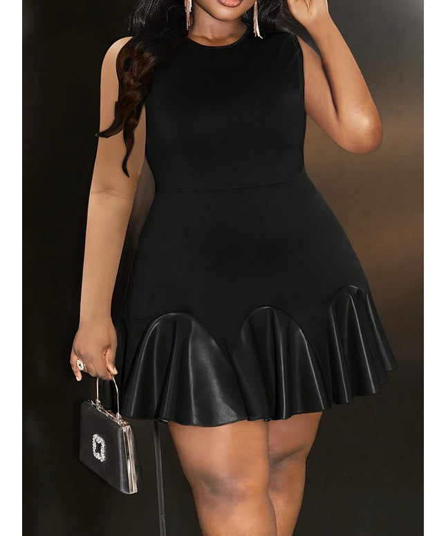 jkthpu-45 Women's Plus Size Sleeveless Round Neck Mini Dress - Flattering Fitted Silhouette, Black with Pleated Hem Detail, Machine Washable All-Season Elegant Party & Casual Outfit