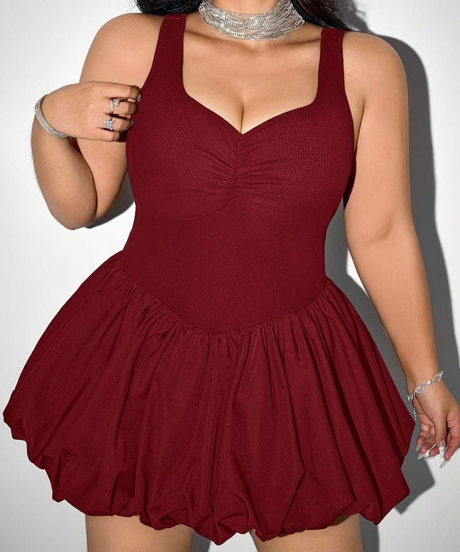 jkthpu-45 Women'S Plus Size Sleeveless V-Neck Top with Puff Skirt Mini Dress - Elegant Red Solid Color, Stretchy Polyester for Summer, Casual to Formal Wear, Casual Formal Dress | Vneck Dress | Texture, Plus Size Dres