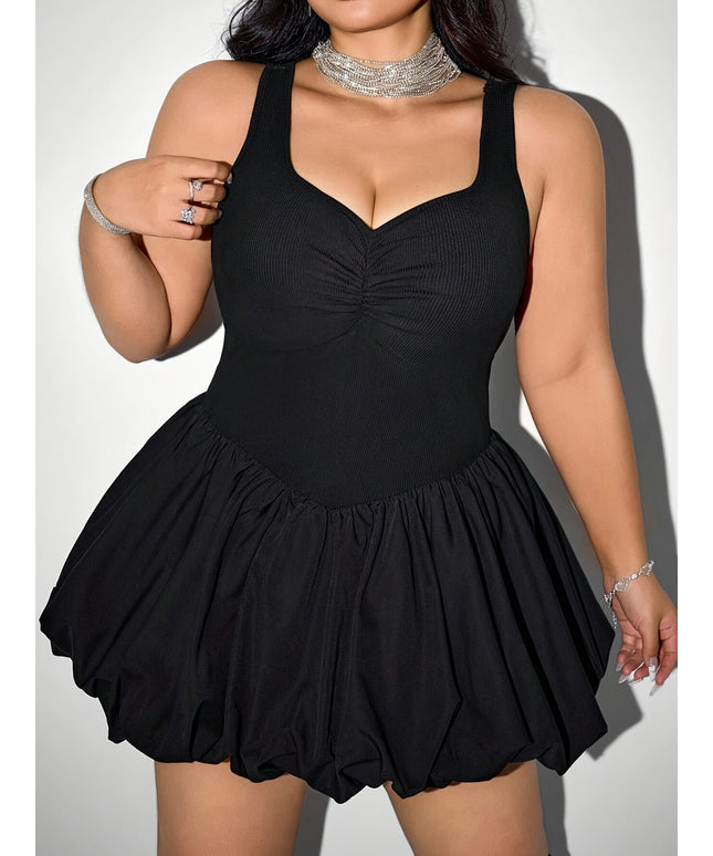 jkthpu-45 Women'S Plus Size Sleeveless V-Neck Top with Puff Skirt Mini Dress - Elegant Red Solid Color, Stretchy Polyester for Summer, Casual to Formal Wear, Casual Formal Dress | Vneck Dress | Texture, Plus Size Dres