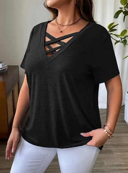 KissICON Women'S Plus Size Solid Color Casual T-Shirt 2pcs Set, V-Neck with Cross Strap Detail, Slight Stretch Fabric, Summer Style, Black & Beige Combo, Casual Outfit | Vneck Tshirt | Comfortable Fit, Cute T Shirts