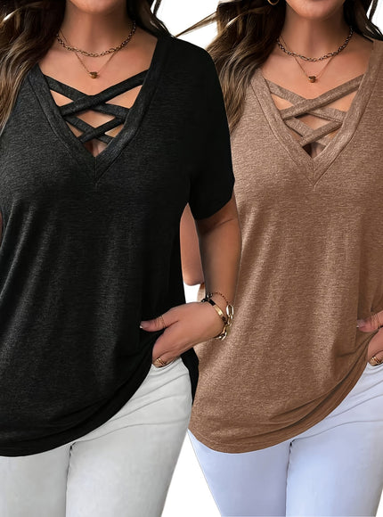 KissICON Women'S Plus Size Solid Color Casual T-Shirt 2pcs Set, V-Neck with Cross Strap Detail, Slight Stretch Fabric, Summer Style, Black & Beige Combo, Casual Outfit | Vneck Tshirt | Comfortable Fit, Cute T Shirts