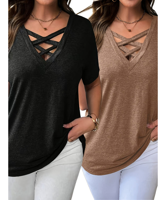 KissICON Women'S Plus Size Solid Color Casual T-Shirt 2pcs Set, V-Neck with Cross Strap Detail, Slight Stretch Fabric, Summer Style, Black & Beige Combo, Casual Outfit | Vneck Tshirt | Comfortable Fit, Cute T Shirts