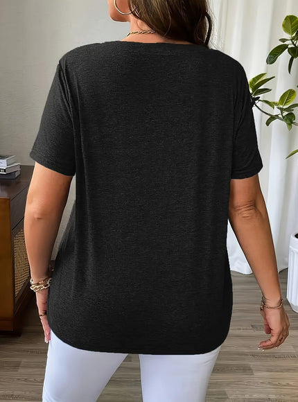 KissICON Women'S Plus Size Solid Color Casual T-Shirt 2pcs Set, V-Neck with Cross Strap Detail, Slight Stretch Fabric, Summer Style, Black & Beige Combo, Casual Outfit | Vneck Tshirt | Comfortable Fit, Cute T Shirts