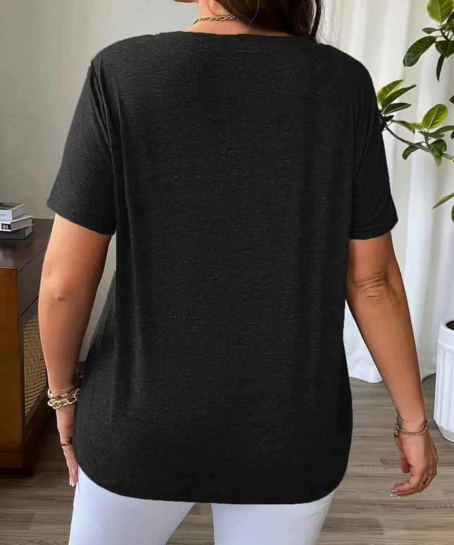 KissICON Women'S Plus Size Solid Color Casual T-Shirt 2pcs Set, V-Neck with Cross Strap Detail, Slight Stretch Fabric, Summer Style, Black & Beige Combo, Casual Outfit | Vneck Tshirt | Comfortable Fit, Cute T Shirts