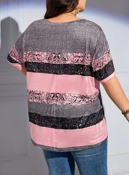 jkthpu-45 Women'S Plus Size Sparkly Striped Print T-Shirt, Gradient