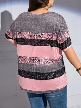 jkthpu-45 Women'S Plus Size Sparkly Striped Print T-Shirt, Gradient
