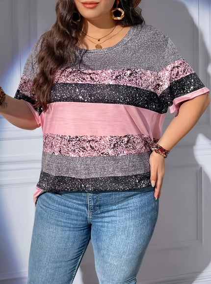 jkthpu-45 Women'S Plus Size Sparkly Striped Print T-Shirt, Gradient