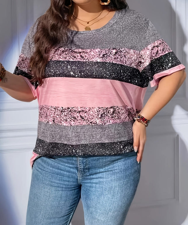 jkthpu-45 Women'S Plus Size Sparkly Striped Print T-Shirt, Gradient