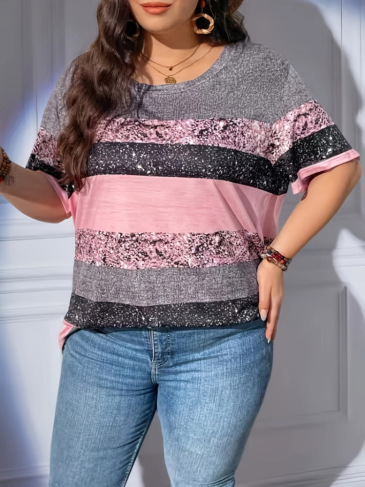 jkthpu-45 Women'S Plus Size Sparkly Striped Print T-Shirt, Gradient