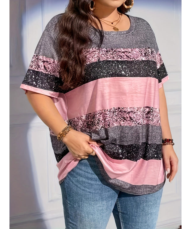 jkthpu-45 Women'S Plus Size Sparkly Striped Print T-Shirt, Gradient