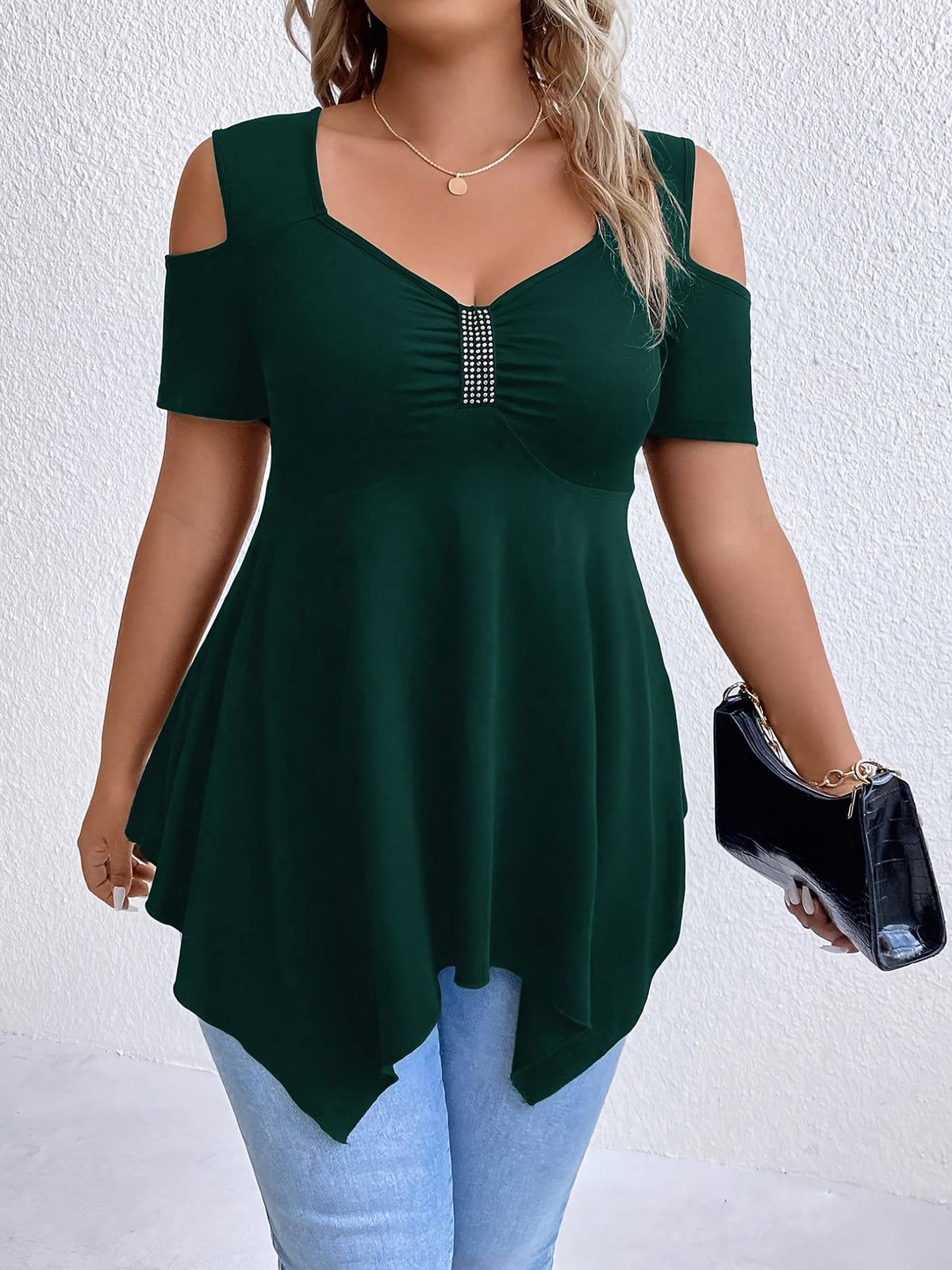 jkthpu-45 Women's Plus Size Square Neck Rhinestone-Embellished Off-Shoulder Top