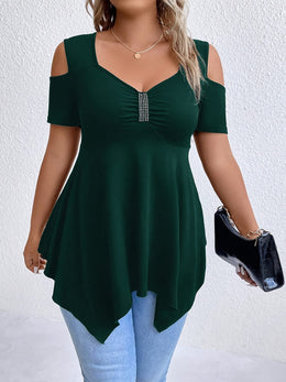 jkthpu-45 Women's Plus Size Square Neck Rhinestone-Embellished Off-Shoulder Top