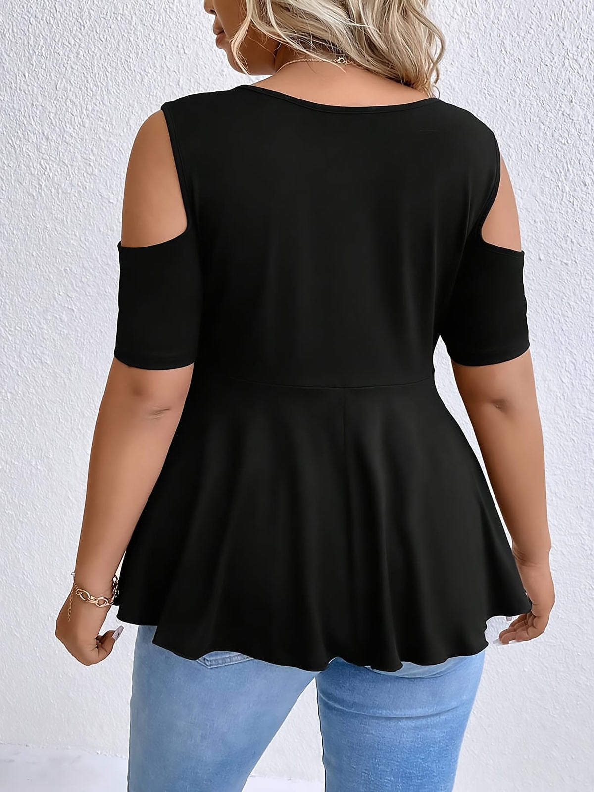 jkthpu-45 Women's Plus Size Square Neck Rhinestone-Embellished Off-Shoulder Top