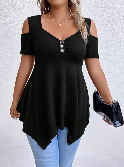 jkthpu-45 Women's Plus Size Square Neck Rhinestone-Embellished Off-Shoulder Top