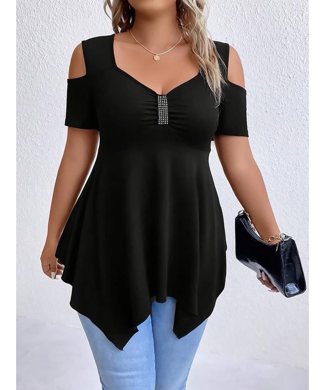 jkthpu-45 Women's Plus Size Square Neck Rhinestone-Embellished Off-Shoulder Top