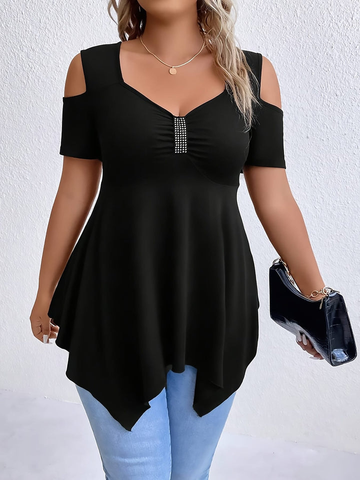 Women's Plus Size Square Neck Rhinestone-Embellished Off-Shoulder Top