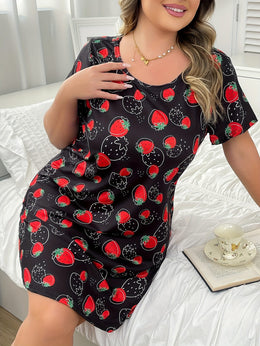 jkthpu-45 Women's Plus Size Strawberry Print Short Sleeve Sleep Dress - Black with Red & Green Fruit Pattern, Soft Round Neck Lounge Nightgown, Machine Washable All-Season Comfort for Home & Casual Wear, Comfortable Sleepwear, Playful Nightgown, Easycare Fabric