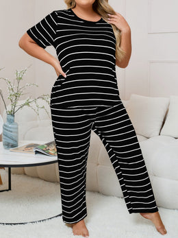 jkthpu-45 Women's Plus Size Striped Pajama Set - Casual
