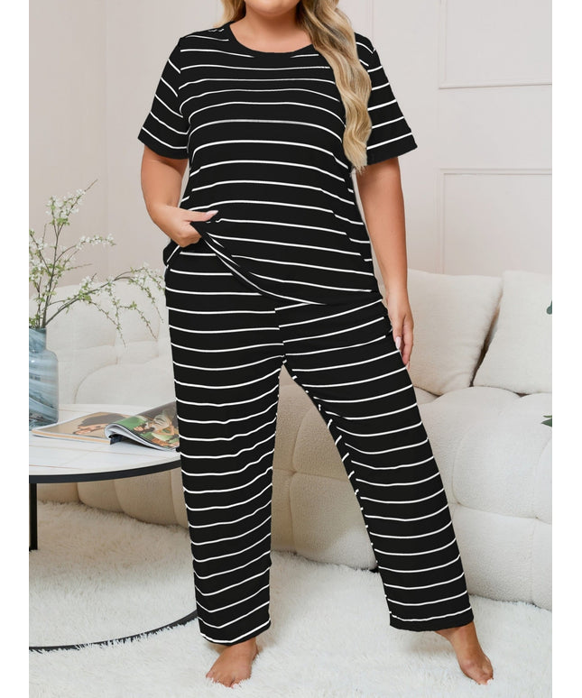 jkthpu-45 Women's Plus Size Striped Pajama Set - Casual