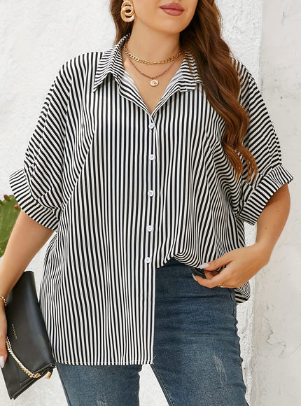 KissICON Women'S Plus Size Striped Shirt - Yellow & White, Short Sleeve, Button-Up Collar, Casual Summer Style, Comfortable Polyester Fabric, Casual Summer Wear | Striped Buttonup | Glossy Texture