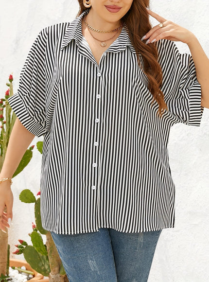 KissICON Women'S Plus Size Striped Shirt - Yellow & White, Short Sleeve, Button-Up Collar, Casual Summer Style, Comfortable Polyester Fabric, Casual Summer Wear | Striped Buttonup | Glossy Texture