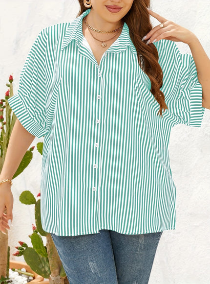 KissICON Women'S Plus Size Striped Shirt - Yellow & White, Short Sleeve, Button-Up Collar, Casual Summer Style, Comfortable Polyester Fabric, Casual Summer Wear | Striped Buttonup | Glossy Texture
