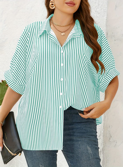 KissICON Women'S Plus Size Striped Shirt - Yellow & White, Short Sleeve, Button-Up Collar, Casual Summer Style, Comfortable Polyester Fabric, Casual Summer Wear | Striped Buttonup | Glossy Texture