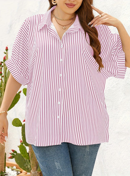 KissICON Women'S Plus Size Striped Shirt - Yellow & White, Short Sleeve, Button-Up Collar, Casual Summer Style, Comfortable Polyester Fabric, Casual Summer Wear | Striped Buttonup | Glossy Texture