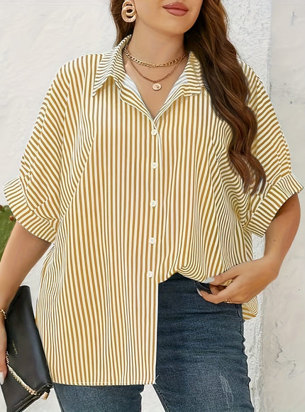 KissICON Women'S Plus Size Striped Shirt - Yellow & White, Short Sleeve, Button-Up Collar, Casual Summer Style, Comfortable Polyester Fabric, Casual Summer Wear | Striped Buttonup | Glossy Texture