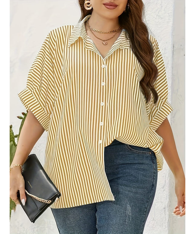 KissICON Women'S Plus Size Striped Shirt - Yellow & White, Short Sleeve, Button-Up Collar, Casual Summer Style, Comfortable Polyester Fabric, Casual Summer Wear | Striped Buttonup | Glossy Texture