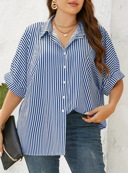 KissICON Women'S Plus Size Striped Shirt - Yellow & White, Short Sleeve, Button-Up Collar, Casual Summer Style, Comfortable Polyester Fabric, Casual Summer Wear | Striped Buttonup | Glossy Texture