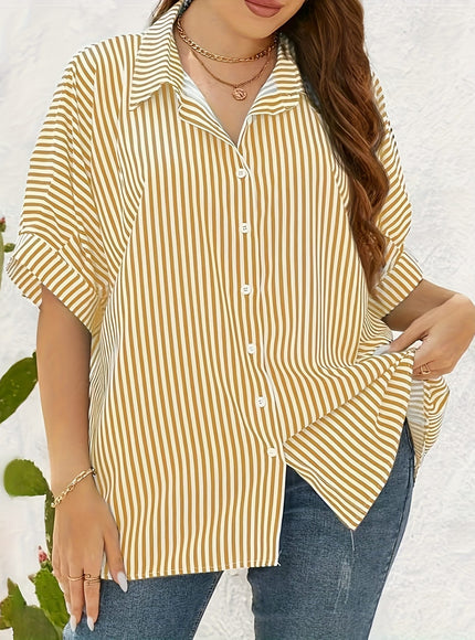 KissICON Women'S Plus Size Striped Shirt - Yellow & White, Short Sleeve, Button-Up Collar, Casual Summer Style, Comfortable Polyester Fabric, Casual Summer Wear | Striped Buttonup | Glossy Texture