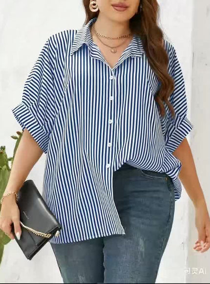 KissICON Women'S Plus Size Striped Shirt - Yellow & White, Short Sleeve, Button-Up Collar, Casual Summer Style, Comfortable Polyester Fabric, Casual Summer Wear | Striped Buttonup | Glossy Texture