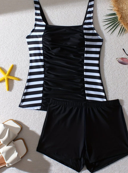 jkthpu-45 Women'S Plus Size Tankini Swimsuit - Black & White Striped Print, High-Stretch Fabric, Split Shorts, Off-Shoulder Design for Beach Vacations, Poolside Attire | Offshoulder Swimwear | Striped Blue Accents