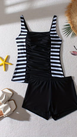 jkthpu-45 Women'S Plus Size Tankini Swimsuit - Black & White Striped Print, High-Stretch Fabric, Split Shorts, Off-Shoulder Design for Beach Vacations, Poolside Attire | Offshoulder Swimwear | Striped Blue Accents