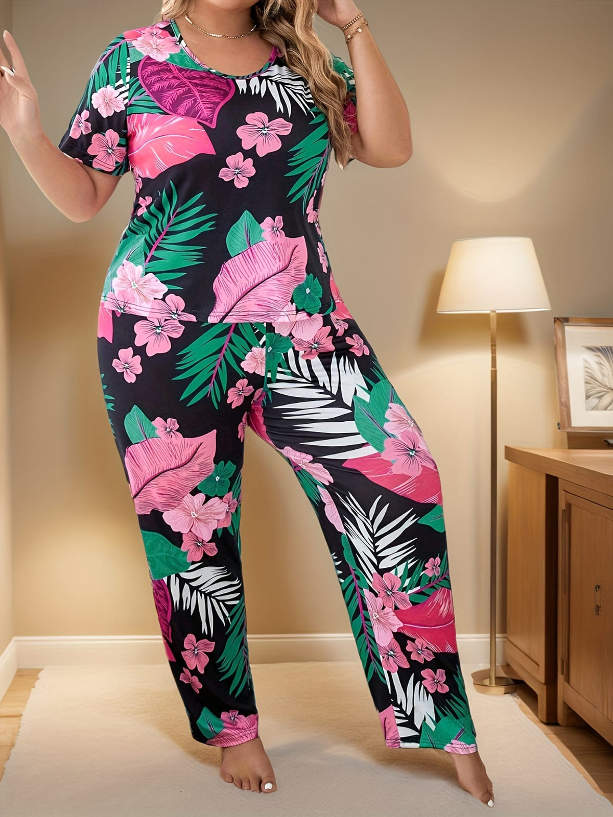 jkthpu-45 Women's Plus Size Tropical Print Short and Long Casual Home Wear Pajama Set