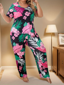 jkthpu-45 Women's Plus Size Tropical Print Short and Long Casual Home Wear Pajama Set