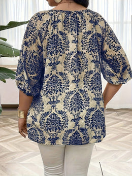 KissICON Women'S Plus Size V-Neck Blouse - Elegant Blue & White Floral Print, Casual Loose Fit, Short Sleeve, Button Detail, Summer Fashion Top for Casual Attire, Ladies Blouse